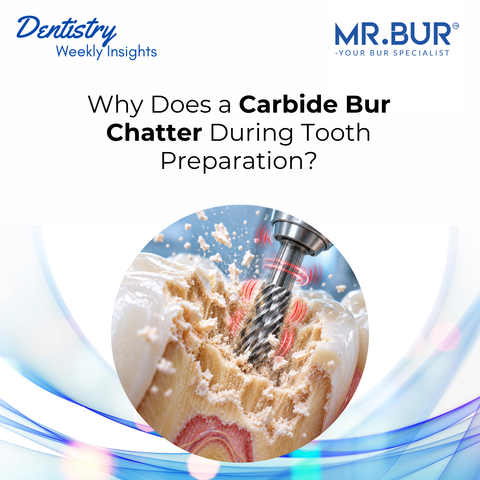MR.BUR carbide bur chatter during tooth preparation, showing dental bur vibration, uneven cutting contact and debris during restorative cutting.