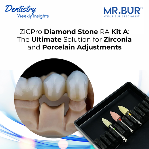 Mr. Bur ZiCPro Diamond Stone RA Kit A is the ultimate solution for zirconia and porcelain adjustments, delivering precise trimming, contouring, and high-gloss polishing with minimal heat and maximum control.