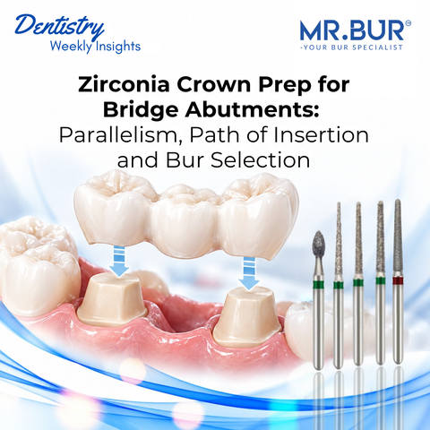 MR.BUR zirconia crown prep for bridge abutments showing a three-unit zirconia bridge, prepared teeth, common path of insertion and diamond burs.