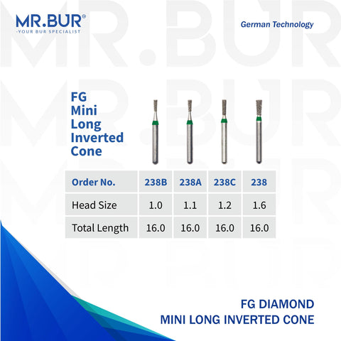 These are 4 FG Mini Long Inverted Cone diamond dental bur sold by mr Bur the best supplier of diamond dental burs that supplies internationally