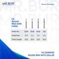 These are 4 FG Round Mini With Collar diamond dental burs sold by mr Bur the best seller of diamond burs worldwide