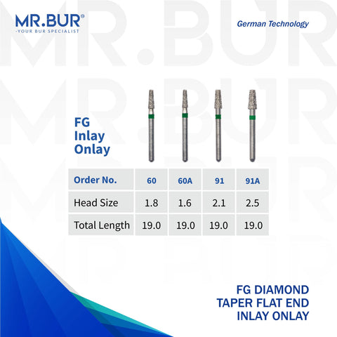 These are 4 variants of the Taper Flat End Coarse Inlay Onlay FG diamond dental bur sold by mr Bur the best supplier of diamond dental burs to dentists and dental labs