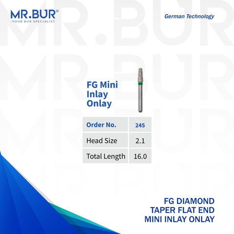 This is one variant of the the Mini Taper Flat End Coarse Inlay Onlay FG diamond dental bur that Mr Bur the best supplier of diamond dental burs sells to dentists and dental labs
