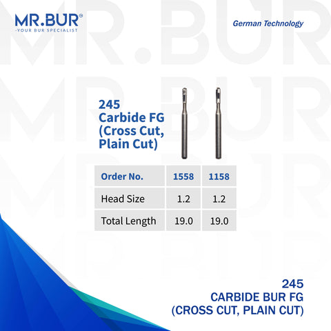 This picture shows Mr. Bur High quality 245 burs FG carbide burs with order no. 1558 & 1158 specially made for Amalgam preparation and for smoothing occlusal walls. Mr. Bur 245 bur is better quality than ss white and eagle dental