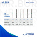 Six variants of the the Flame Cylinder FG diamond dental bur that mr Bur the best supplier of diamond dental burs sells to dentists and dental labs with the following head sizes 1.2 1.4 1.6