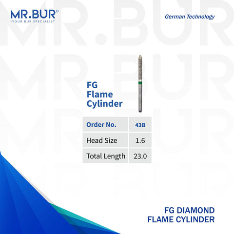 This is one variant of the the Flame Cylinder FG diamond dental bur that Mr Bur the best supplier of diamond dental burs sells to dentists and dental labs