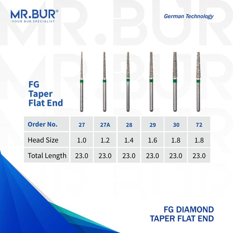 6 variants of the Taper Flat End Coarse FG diamond dental burs sold by mr Bur the best international supplier of diamond dental burs