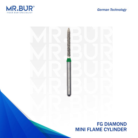 This is the Mini Flame Cylinder Coarse FG diamond dental bur that Mr Bur the best supplier of diamond dental burs sells to dentists and dental labs