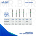 These are 6 variants of the Mini Flame Cylinder Coarse FG diamond dental bur that Mr Bur the best supplier of diamond dental burs sells to dentists and dental labs they have the following head sizes 1.0mm and 1.2mm