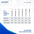 These are 6 FG Long Inverted Cone diamond dental bur variations sold from head sizes that range from 0.9 to 1.8 by mr bur the best diamond bur supplier in the world