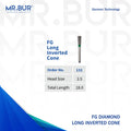 These is the FG Long Inverted Cone diamond dental bur variation sold with a head sizes 0f range 2.5mm by mr bur the best diamond bur supplier in the world