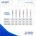 6 variants of the Mini Torpedo Coarse Diamond Bur FG sold by Mr Bur the best international diamond dental bur supplier the dental bur head sizes shown here are 1.2mm 1.4mm 1.6mm 1.8mm