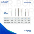 six variants of the Flame Coarse FG diamond dental bur sold by Mr Bur the best international diamond dental burs the head sizes shown are 0.7mm 0.8mm 1.4mm 1.6mm 1.8mm 2.1mm
