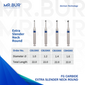 Mr. Bur Round Cross Cut Slender Neck Carbide Bur RA, CB1SNX, CB2SNX, CB3SNX and CB4SNX used for precise caries removal cavity refinement and access in deep and interproximal areas.