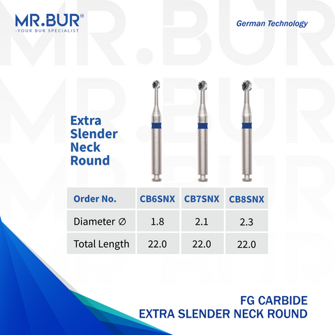 Mr. Bur Round Cross Cut Slender Neck Carbide Bur RA, CB6SNX, CB7SNX and CB8SNX used for precise caries removal cavity refinement and access in deep and interproximal areas.