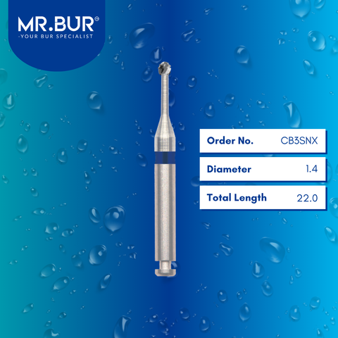 Mr. Bur Round Cross Cut Slender Neck Carbide Bur RA, CB3SNX, used for precise caries removal cavity refinement and access in deep and interproximal areas.