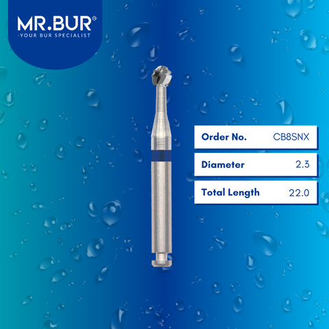 Mr. Bur Round Cross Cut Slender Neck Carbide Bur RA, CB8SNX, used for precise caries removal cavity refinement and access in deep and interproximal areas.