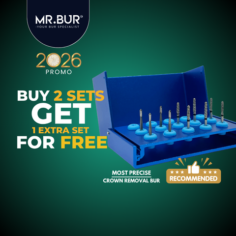 Promotional advertisement for MR. BUR crown cutter dental bur sets with a buy two get one free offer.