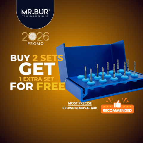 Promotional advertisement for MR. BUR crown cutter dental bur sets with a buy two get one free offer.