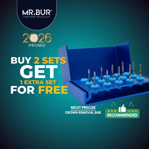 Promotional advertisement for MR. BUR crown cutter dental bur sets with a buy two get one free offer.