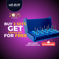 Promotional advertisement for MR. BUR crown cutter dental bur sets with a buy two get one free offer.