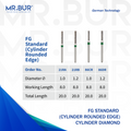 Mr. Bur FG Cylinder Rounded Edge diamond bur, including 21RA, 21RB, 86CR and 86DR, used for axial wall reduction and shoulder margin refinement in crown preparation procedures.