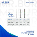 These are four variants of the Cylinder Flat End Coarse FG diamond dental bur sold by Mr Bur the best international diamond dental bur supplier the head sizes are 1.2mm 1.4mm 1.6mm