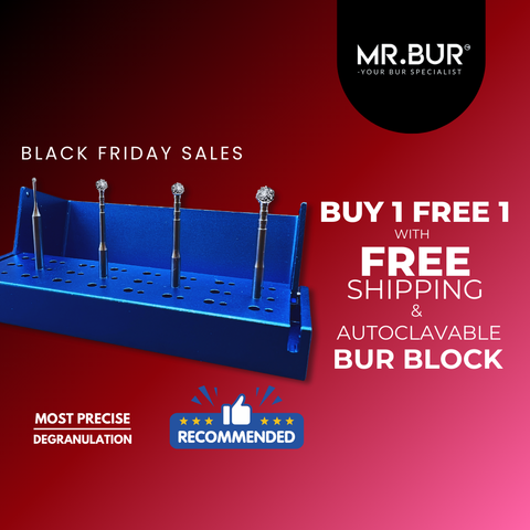 Mr. Bur degranulation burs are essential for precisely removing unnecessary soft tissue remnants attached to bone, addressing issues like inflammation, pyogenic granuloma, and excessive granulation, as well as correcting uneven or convex bone surfaces.