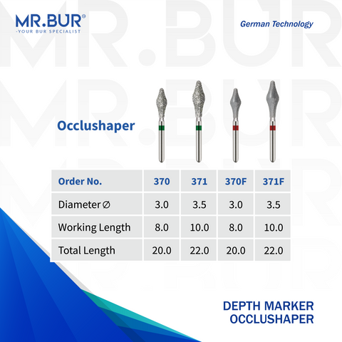 Mr. Bur Occlushaper Diamond Bur FG, 370, 371, 370F and 371F, used for occlusal shaping in onlay overlay tabletop restorations and minimally invasive ceramic crown preparations.