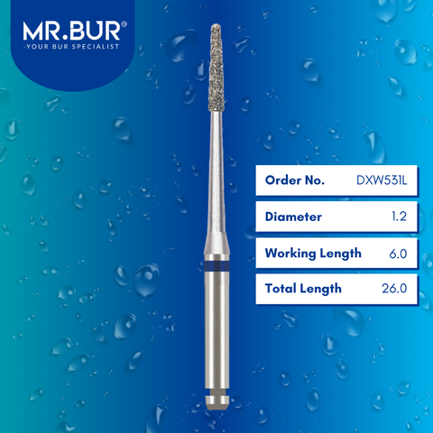 Mr. Bur Taper Flat End Diamond Bur RA, DXW531L, used for smile design composite contouring veneer detailing and natural enamel anatomy creation.