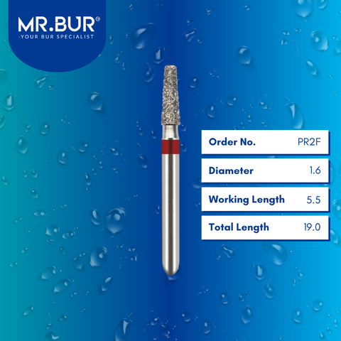 Mr. Bur Depth Marker Taper Rounded Edge Diamond Bur FG, PR2F, used for depth marking and smooth internal margin design in ceramic and adhesive restorations.