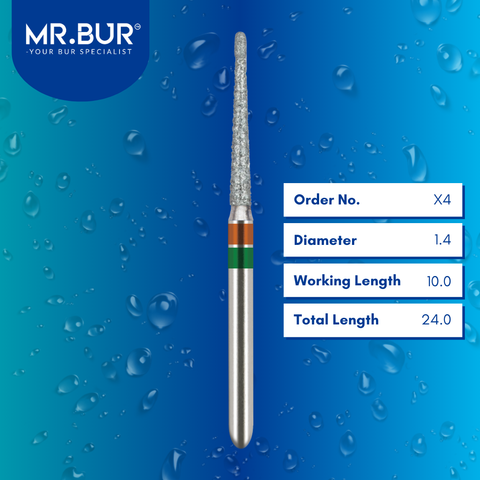 Mr. Bur Double Grit Veneer Finishing Diamond Bur FG, X4,used for refining ceramic veneer margins and smoothing contours before final polishing.