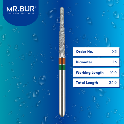 Mr. Bur Double Grit Veneer Finishing Diamond Bur FG, X5,used for refining ceramic veneer margins and smoothing contours before final polishing.
