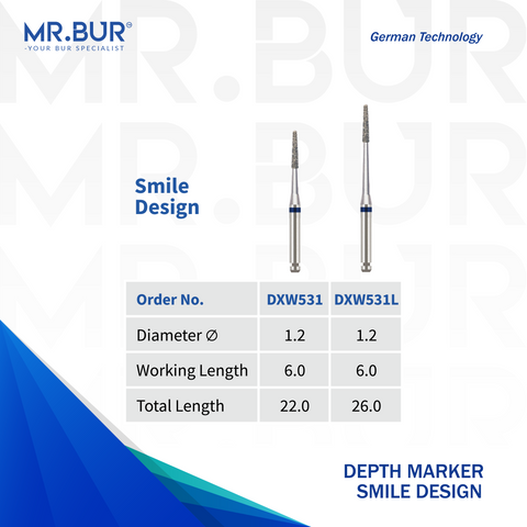 Mr. Bur Taper Flat End Diamond Bur RA, DXW531 and DXW531L, used for smile design composite contouring veneer detailing and natural enamel anatomy creation.