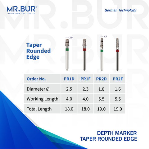 Mr. Bur Depth Marker Taper Rounded Edge Diamond Bur FG, PR1D, PR1F, PR2D and PR2F, used for depth marking and smooth internal margin design in ceramic and adhesive restorations.
