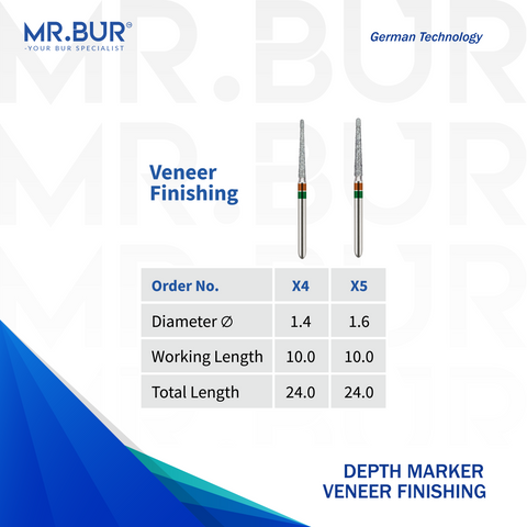 Mr. Bur Double Grit Veneer Finishing Diamond Bur FG, X4 and X5, used for refining ceramic veneer margins and smoothing contours before final polishing.