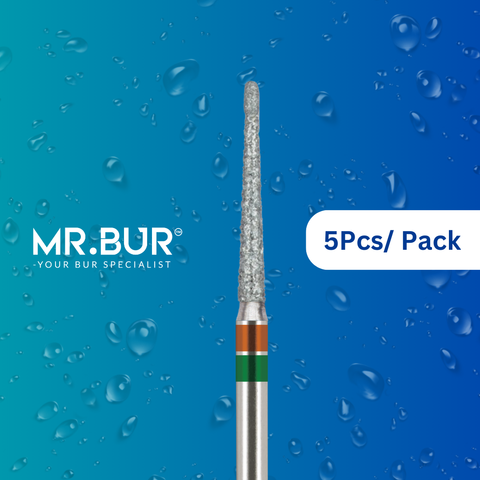 Mr. Bur Double Grit Veneer Finishing Diamond Bur FG used for refining ceramic veneer margins and smoothing contours before final polishing.