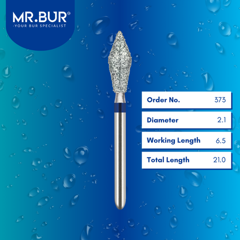 Mr. Bur FG Barrel diamond bur, 373, used for occlusal reduction, contouring, and smoothing of crown surfaces in restorative dentistry procedures.