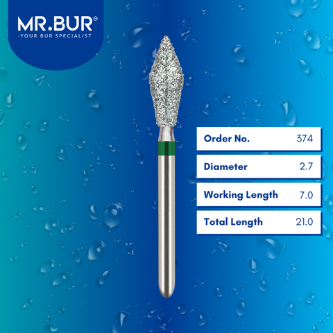 Mr. Bur FG Barrel diamond bur, 374, used for occlusal reduction, contouring, and smoothing of crown surfaces in restorative dentistry procedures.