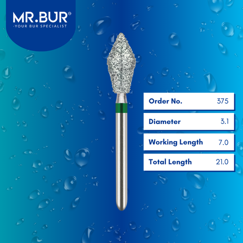 Mr. Bur FG Barrel diamond bur, 375, used for occlusal reduction, contouring, and smoothing of crown surfaces in restorative dentistry procedures.