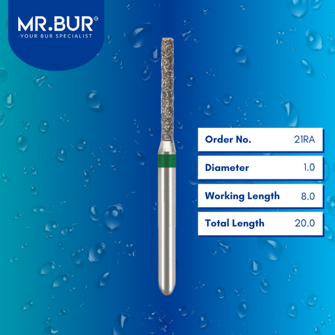 Mr. Bur FG Cylinder Rounded Edge diamond bur, 21RA, used for axial wall reduction and shoulder margin refinement in crown preparation procedures.