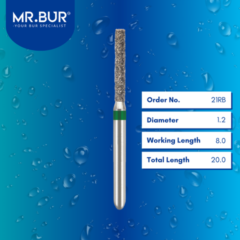 Mr. Bur FG Cylinder Rounded Edge diamond bur, 21RB, used for axial wall reduction and shoulder margin refinement in crown preparation procedures.
