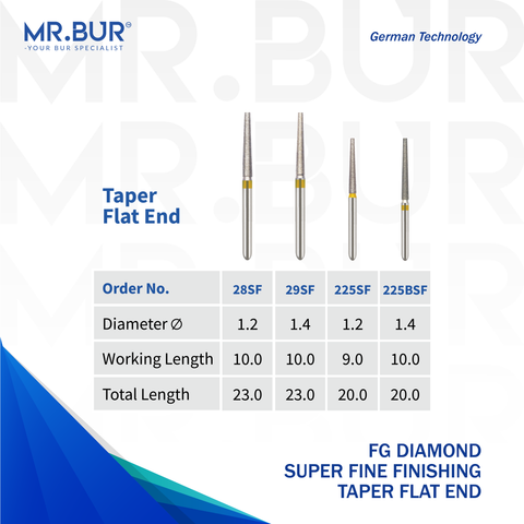 10-Piece Dental Diamond Burs Set - Flat End Taper FG Shank For Polishing & Lab Work
