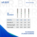 These are 4 variants of the Cylinder Flat End Coarse FG diamond bur sold by Mr Bur the best international diamond dental bur supplier the head sizes are 1.4mm 1.6mm and 1.8mm.