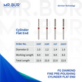 Mr. Bur Cylinder Flat End Fine Diamond Bur FG, 102F, 22AF, 21F and 102CF, used for precise shoulder margin preparation and smooth axial wall finishing in crown and bridge procedures.