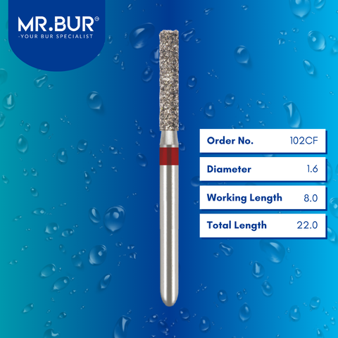 Mr. Bur Cylinder Flat End Fine Diamond Bur FG, 102CF used for precise shoulder margin preparation and smooth axial wall finishing in crown and bridge procedures.