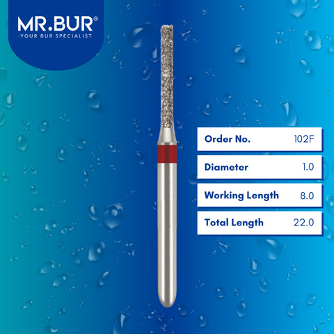 Mr. Bur Cylinder Flat End Fine Diamond Bur FG, 102F used for precise shoulder margin preparation and smooth axial wall finishing in crown and bridge procedures.