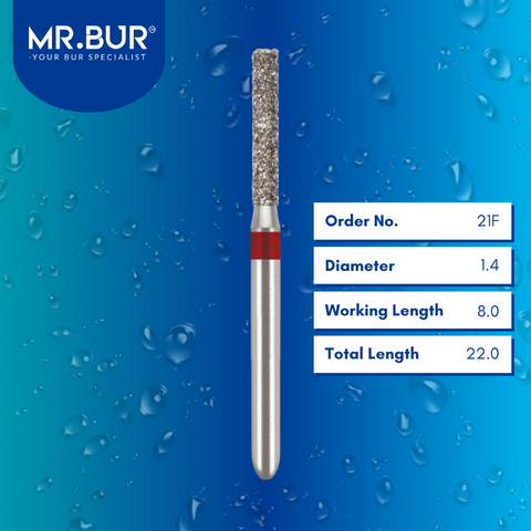 Mr. Bur Cylinder Flat End Fine Diamond Bur FG, 21F used for precise shoulder margin preparation and smooth axial wall finishing in crown and bridge procedures.