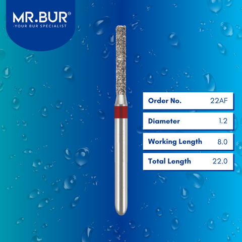 Mr. Bur Cylinder Flat End Fine Diamond Bur FG, 22AF used for precise shoulder margin preparation and smooth axial wall finishing in crown and bridge procedures.