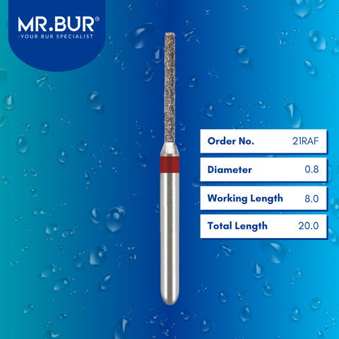 Mr. Bur Cylinder Rounded Edge Fine Diamond Bur FG, 21RAF, used for smooth shoulder refinement, axial wall finishing, and precise margin detailing in crown and bridge preparations.